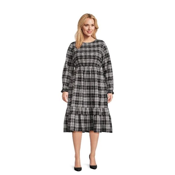 Women's Plus Size Tiered Peasant Plaid Lightweight Comfy Midi Dress Size 2X - Picture 3 of 8